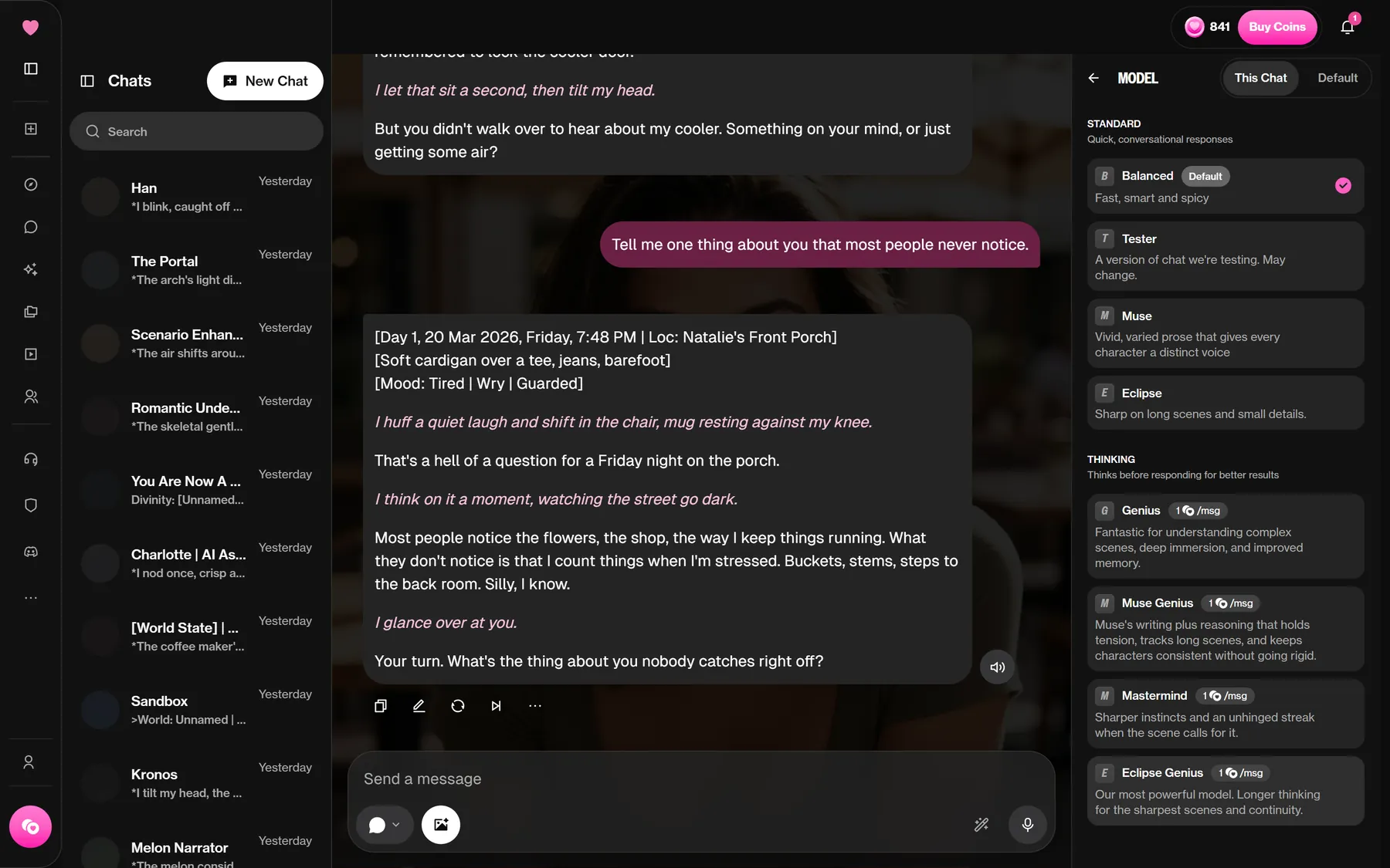 The model picker showing which chat models are free and which cost 1 coin