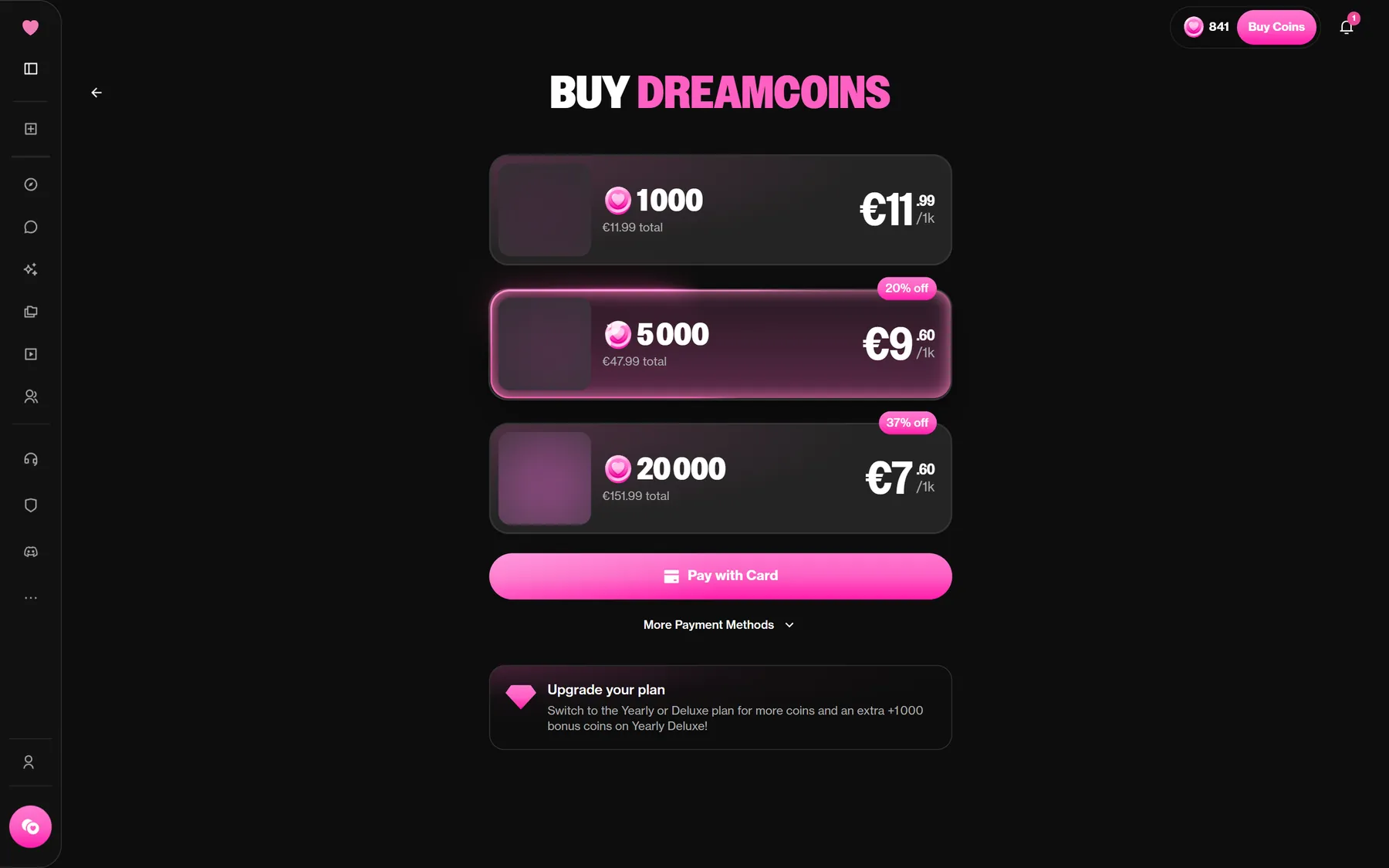 The coin store listing the three Dreamcoin packs with their discounts