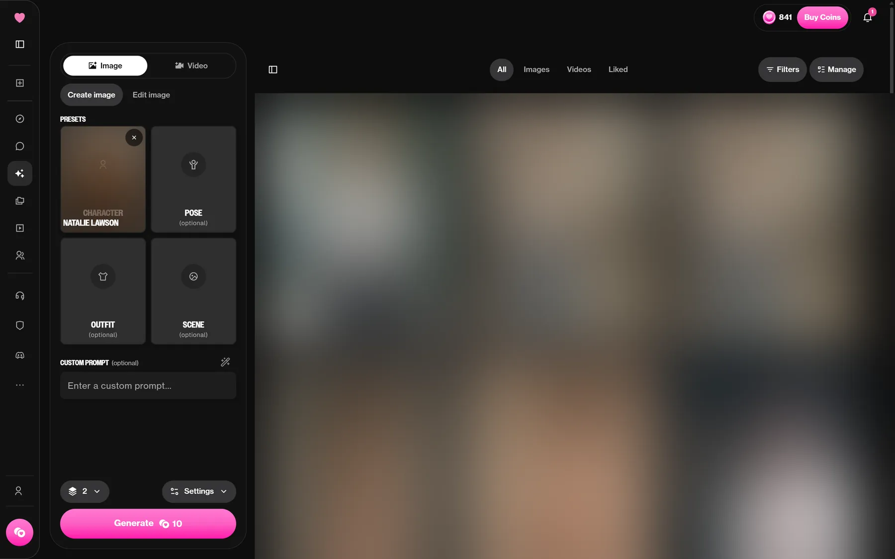 The image generator with the Character, Pose, Outfit and Scene presets, the prompt box and the Generate 10 button