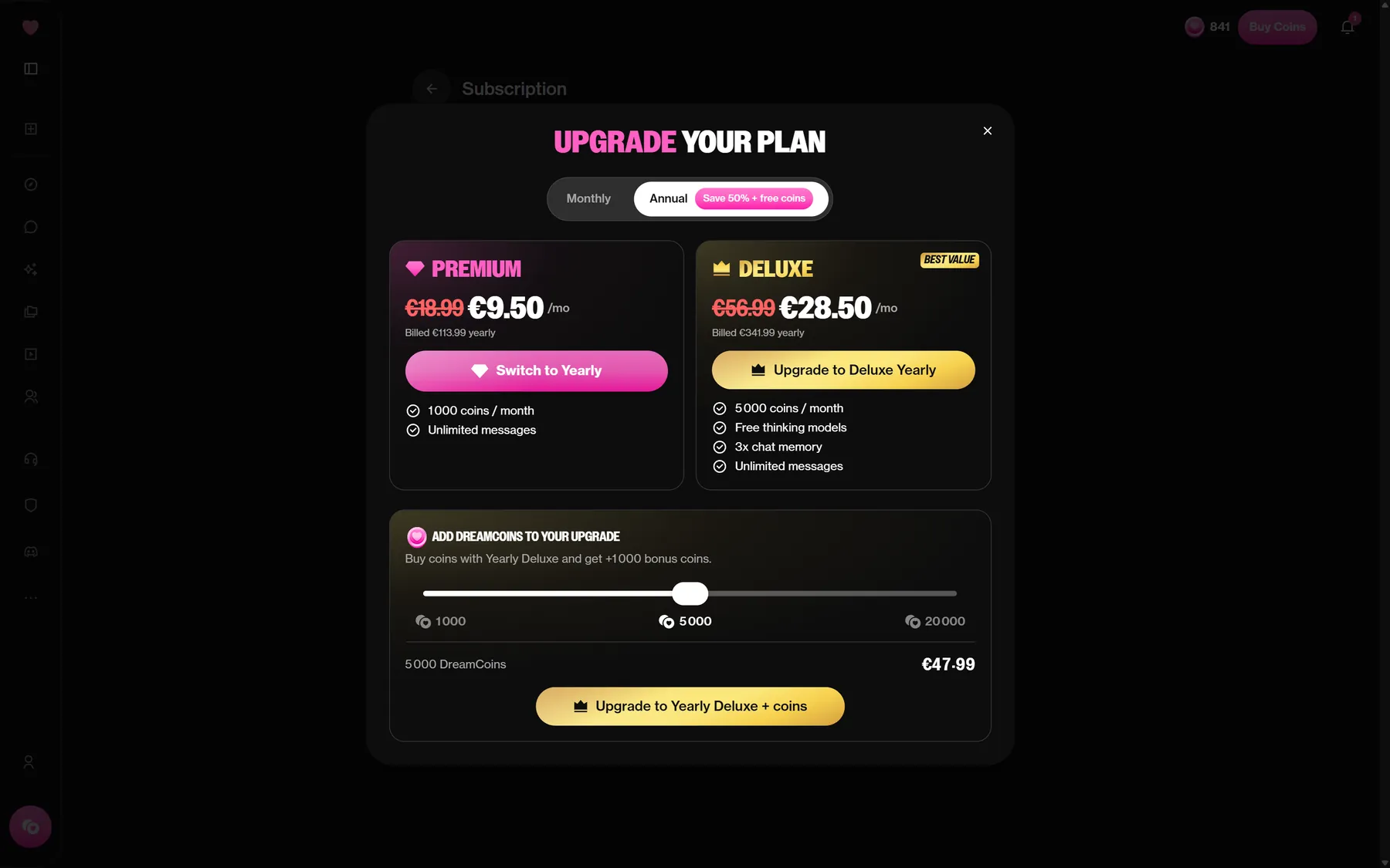 The same plan window switched to yearly billing, Premium at 9.50 EUR and Deluxe at 28.50 EUR per month