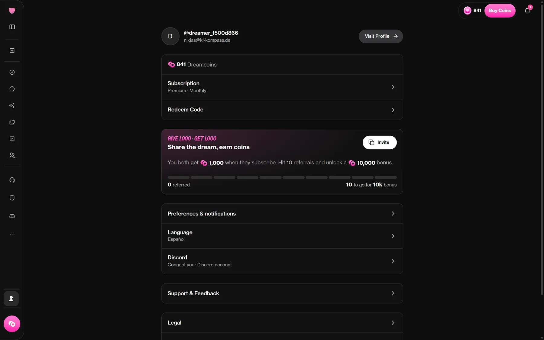 The profile page showing the coin balance, the subscription block, Redeem Code and the referral offer