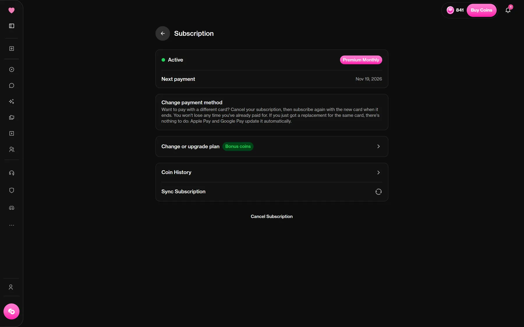 The subscription page where Coin History and Bonus coins sit next to the plan controls